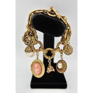 Carolee Vintage Charm Locket Bracelet Antiqued Gold Pink Floral Signed 80s BinBR